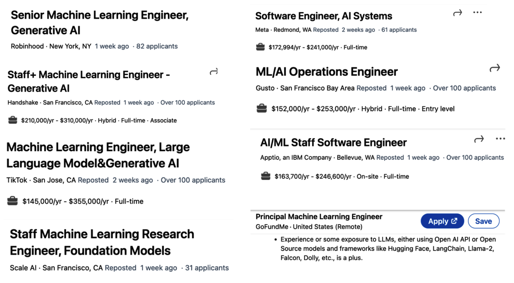 1-12-rasm. Ko'pgina kompaniyalar SI muhandisligi va ML muhandisligini bir soyabon ostiga qo'yishadi, bu 2023-yil 17-dekabrdagi LinkedIn'dagi ish e'lonlari sarlavhalarida ko'rinadi.