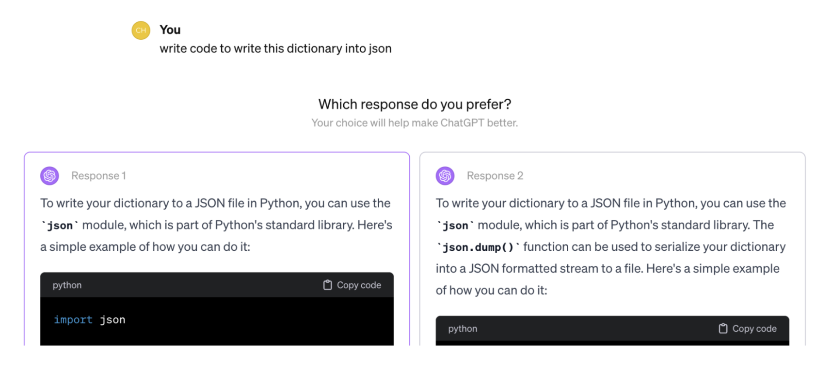 3-10-rasm. ChatGPT vaqti-vaqti bilan foydalanuvchilardan ikkita natijani yonma-yon taqqoslashni so'raydi.