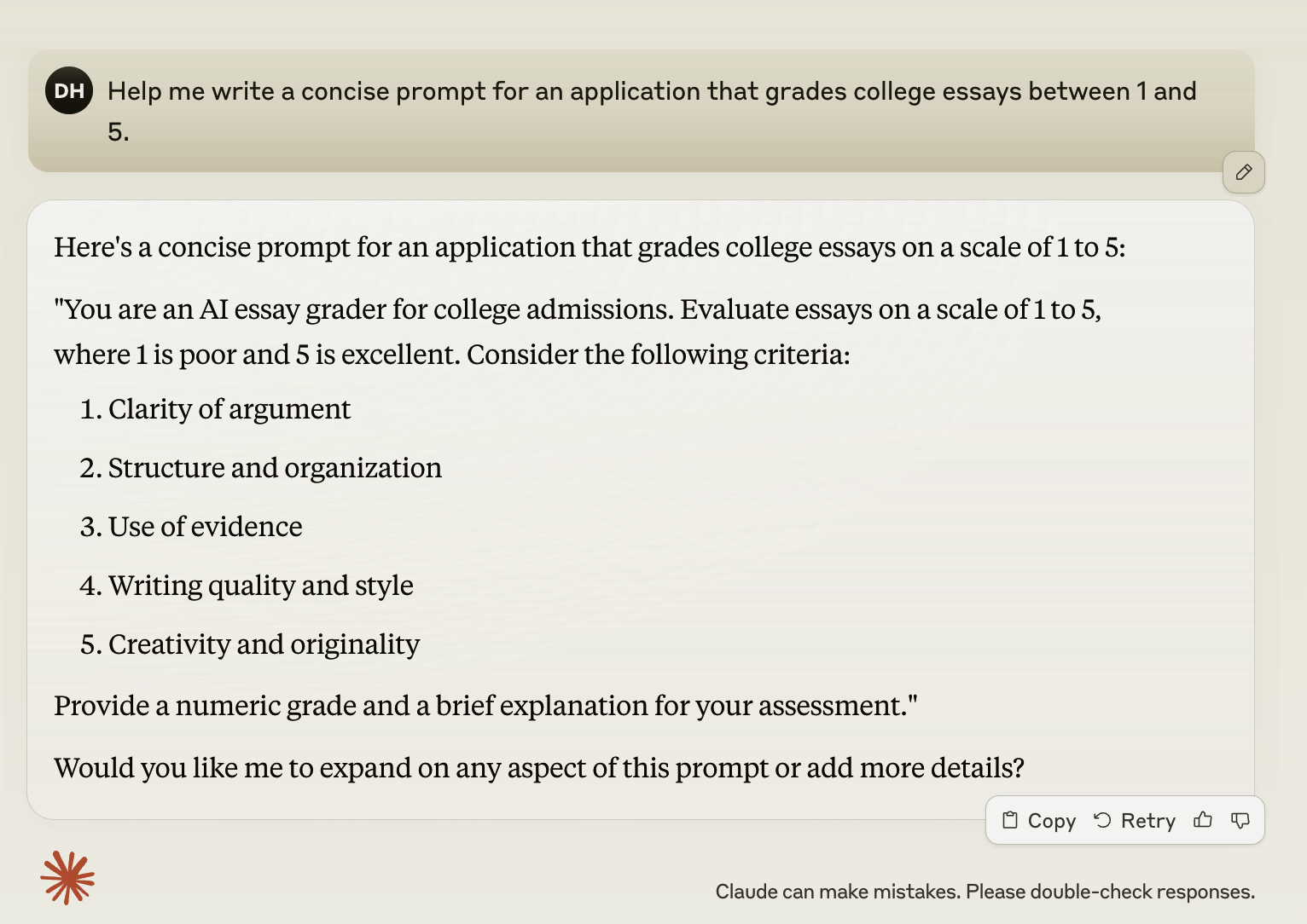 SI modellar siz uchun promptlar yoza oladi, buni Claude 3.5 Sonnet tomonidan yaratilgan ushbu prompt misolida ko'rish mumkin.