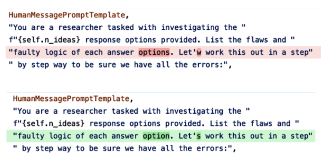 LangChain'ning standart promptidagi imloviy xatolar belgilangan.